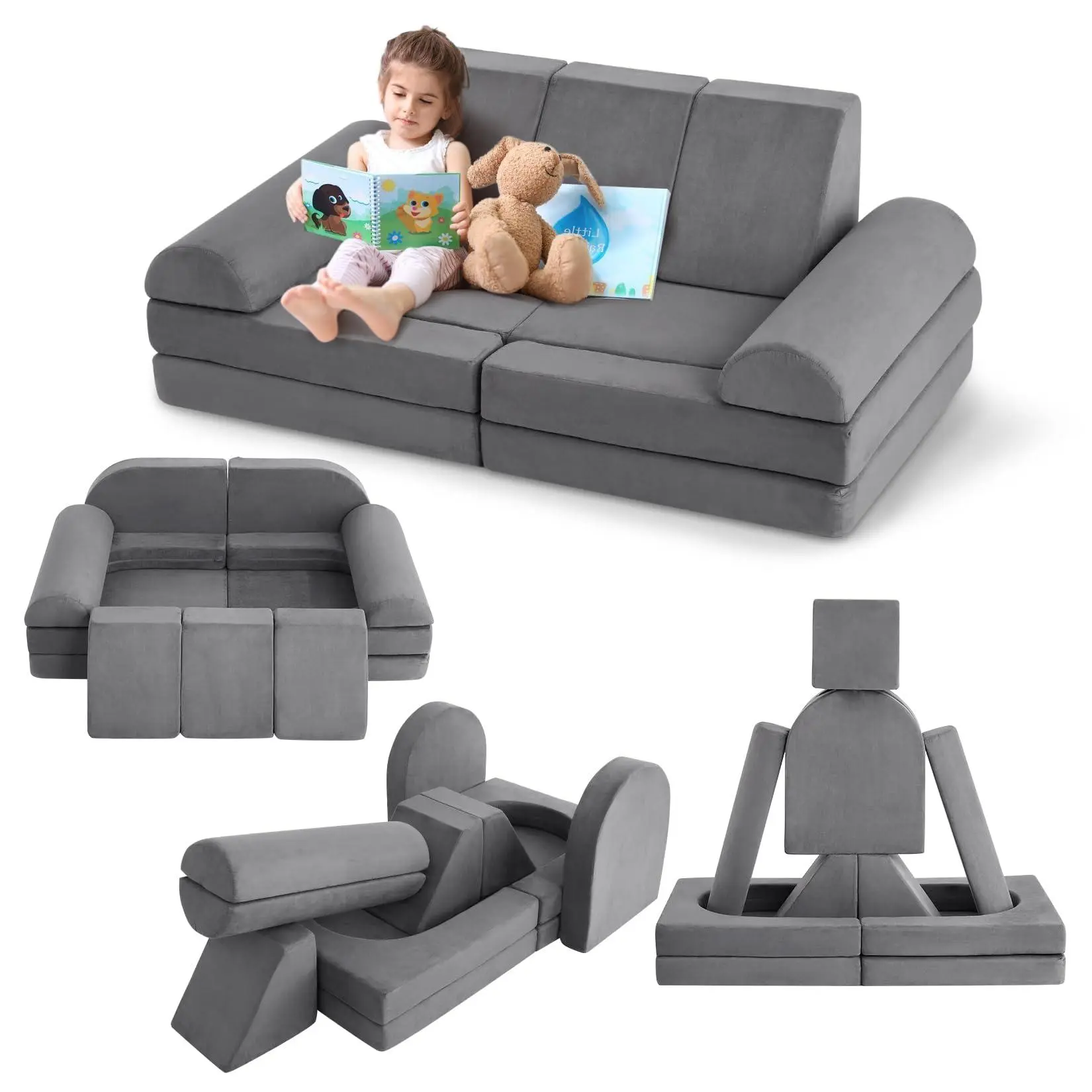 10 Pcs Modular Kids Play Couch, Soft Foam Toddler Couch with Ball Pit for Boys Girls, Convertible Child Sectional Sofa for Bedroom, Playroom, Imaginative Furniture Play Set, Gray