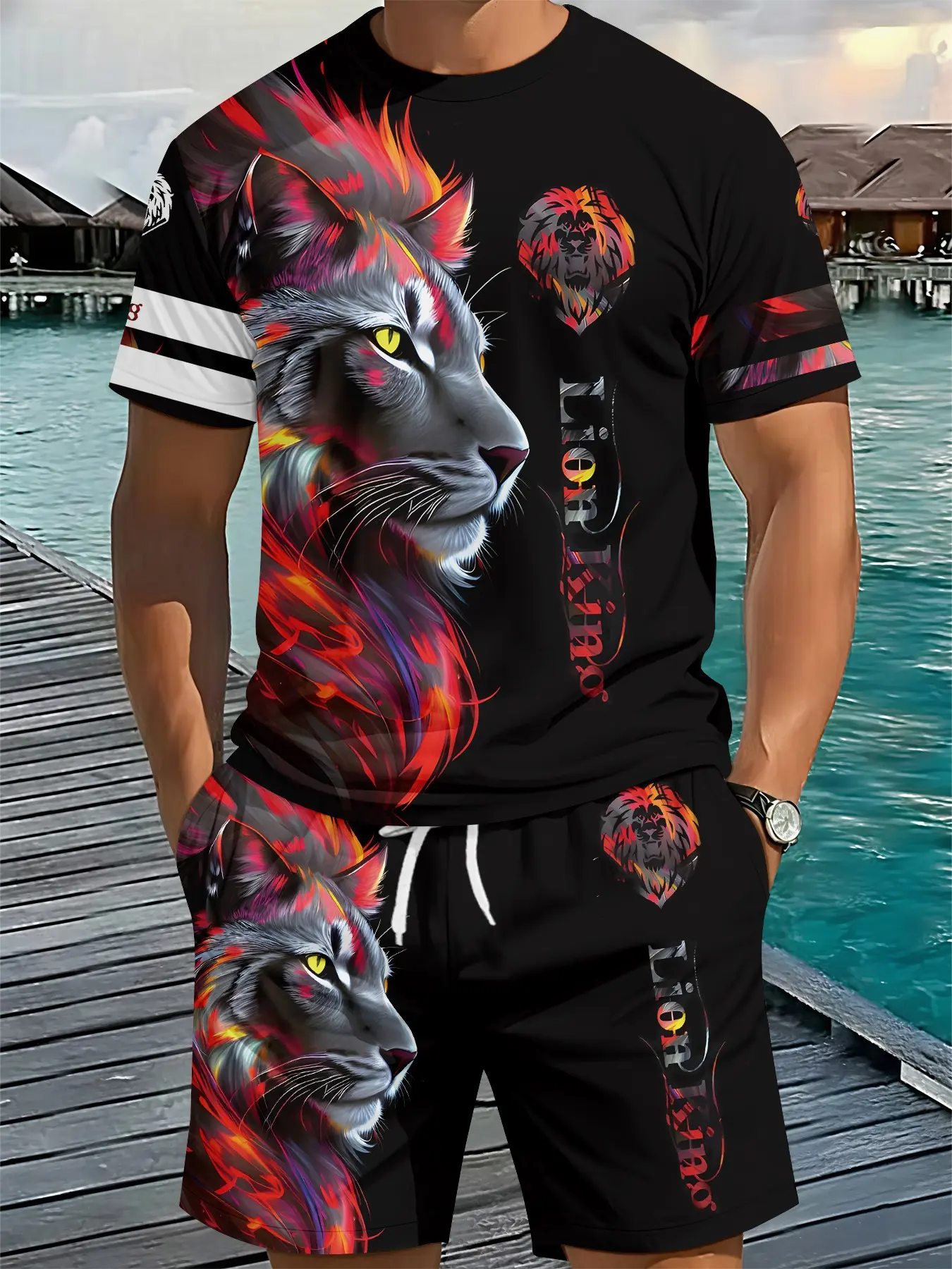 Flame Lion Trendy Cool Printed 3D Digital Printed Two-Piece Set, 2Pcs, Fashion Stylish Trendy Suit, Retro Casual Two-Piece Outfit, Vacation-Style Trendy Wear, Breathable Sports Casual Style, Perfect Festival Gift for Men, Clothes