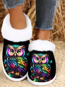Women's All-Season Slip-On Slippers with Owl Print, Soft Fleece Fabric, Warm Winter Comfort, Non-Slip Rubber Sole, Cozy Indoor House Shoes