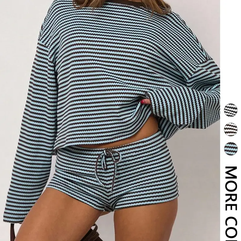 Women's Casual Striped Long Sleeve Top & Shorts Set, Comfortable and Stylish Two-Piece Set, Perfect for Daily Wear, Casual Fashion Set, Stretchy Outfit, Striped Lounge Set, Clothes, Shorts Sets Outfits