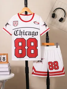 Summer Boys' 2-Piece Set, Medium-Large Kids Printed Number 88 Short Sleeve & Shorts, Casual Sports, Sporty Style Clothes, Comfortable and Stylish