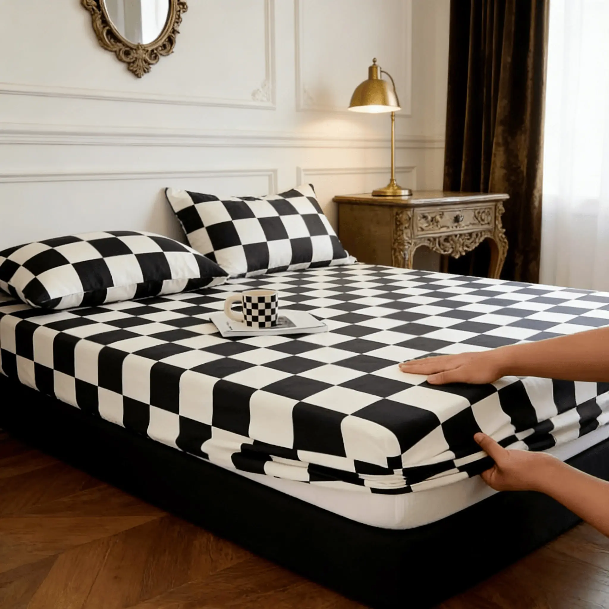 Classic Bed Sheet Set, Non-Slip Mattress Protector, Racing Flag Pattern, Chessboard Print, Soft Bedding Decoration