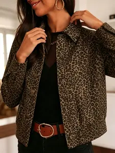 Plus size women's fashion beige leopard print lapel cropped jacket, suitable for spring and summer, perfect for daily commuting, street dates, casual gatherings, and various occasions, Casual Fashionable Outerwear