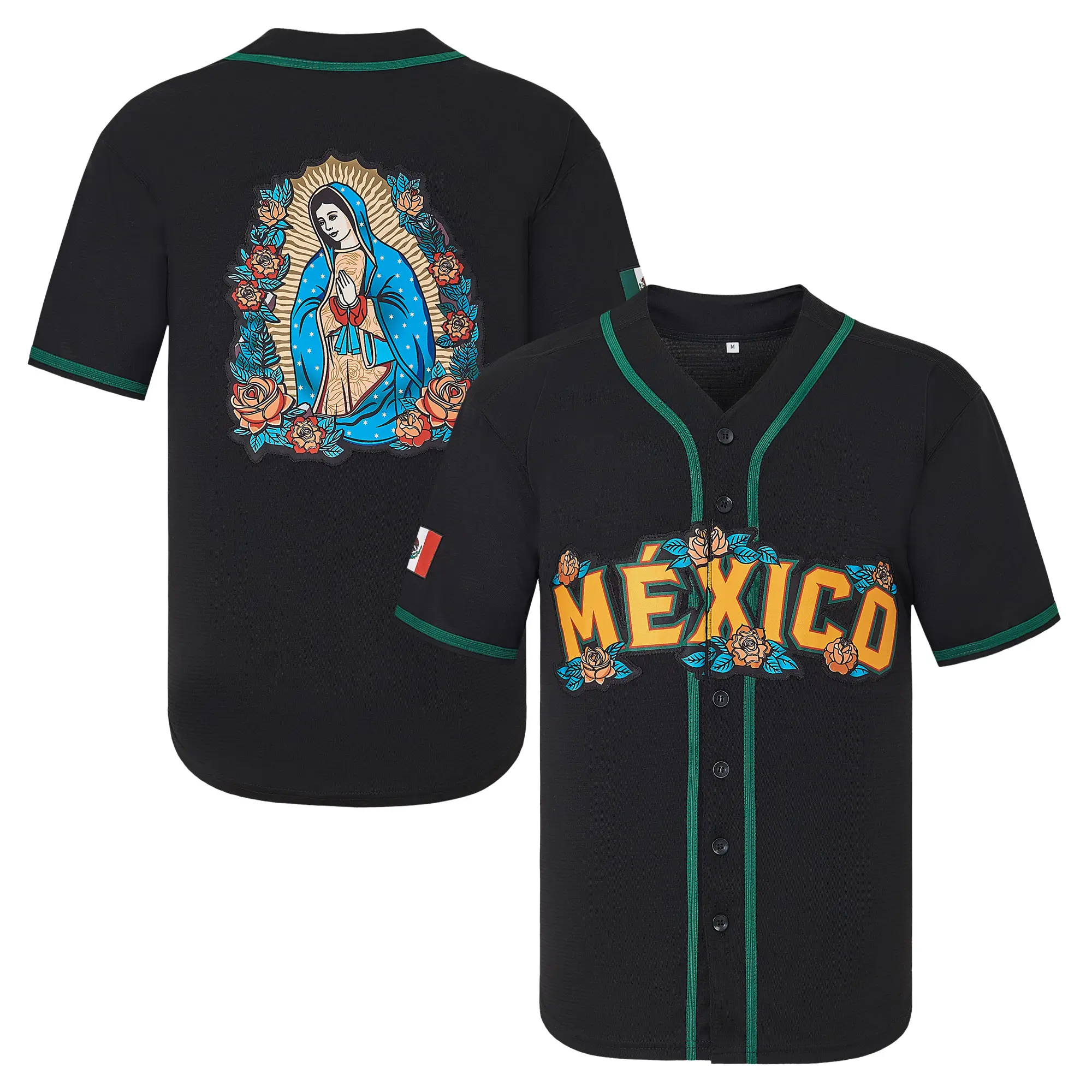 【TikTokShopfalldealsforyou】Mexico Guadalupe Embroidered Baseball Jersey,Men's Gift,Button Short Sleeve Sports Jersey,Loose Breathable Soft Comfort V-N