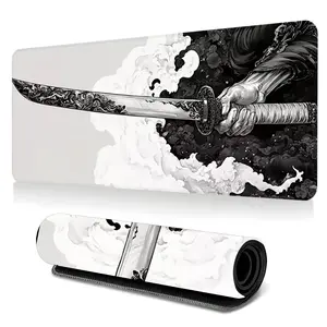 1pc Monochrome Samurai Katana Ink Art Large Gaming Mouse Pad, Japanese Bushido Aesthetic Extended Desk Mat,Office Desk Accessories Non-Slip Stitched Edge Computer Mat ,Rubber Base Laptop Keyboard Pad for Home Office & Gamer,Durable and Spill-Resistant,Ide