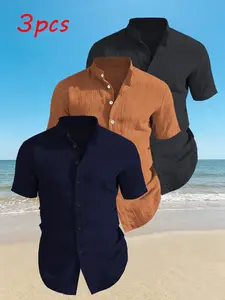 3-Pack Men's Summer Short Sleeve Shirts, Plain No Print Design, Lightweight Breathable Stand Collar Button Shirt, Ideal for Beach Pool