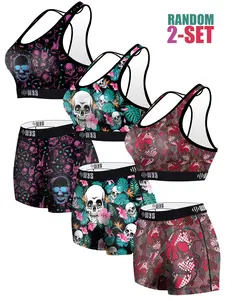 Women's Sports Bra Set, High Elasticity Breathable Underwear, Halloween Skull Print, Suitable for Gym Yoga Running Swimming, Workout Bra