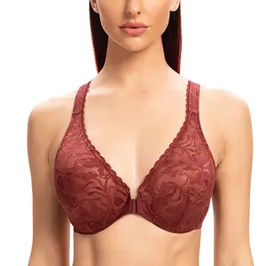 MELENECA Lady Women's Plus Size Front Closure Racerback Underwire Bra - Sheer Stretch Lace, Flat Elastic Adjustable Straps, Unlined, Hand Wash Only,summervibes