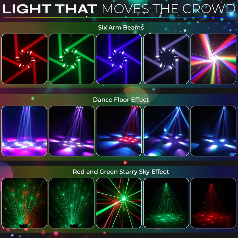Professional DJ Light 6-Arm 150W Moving Head RGBW Bee-Eye Beam with LED Halo Ring DMX512 26 Channel Laser Starry Sky White Amber Strobe Sound Activated for Events