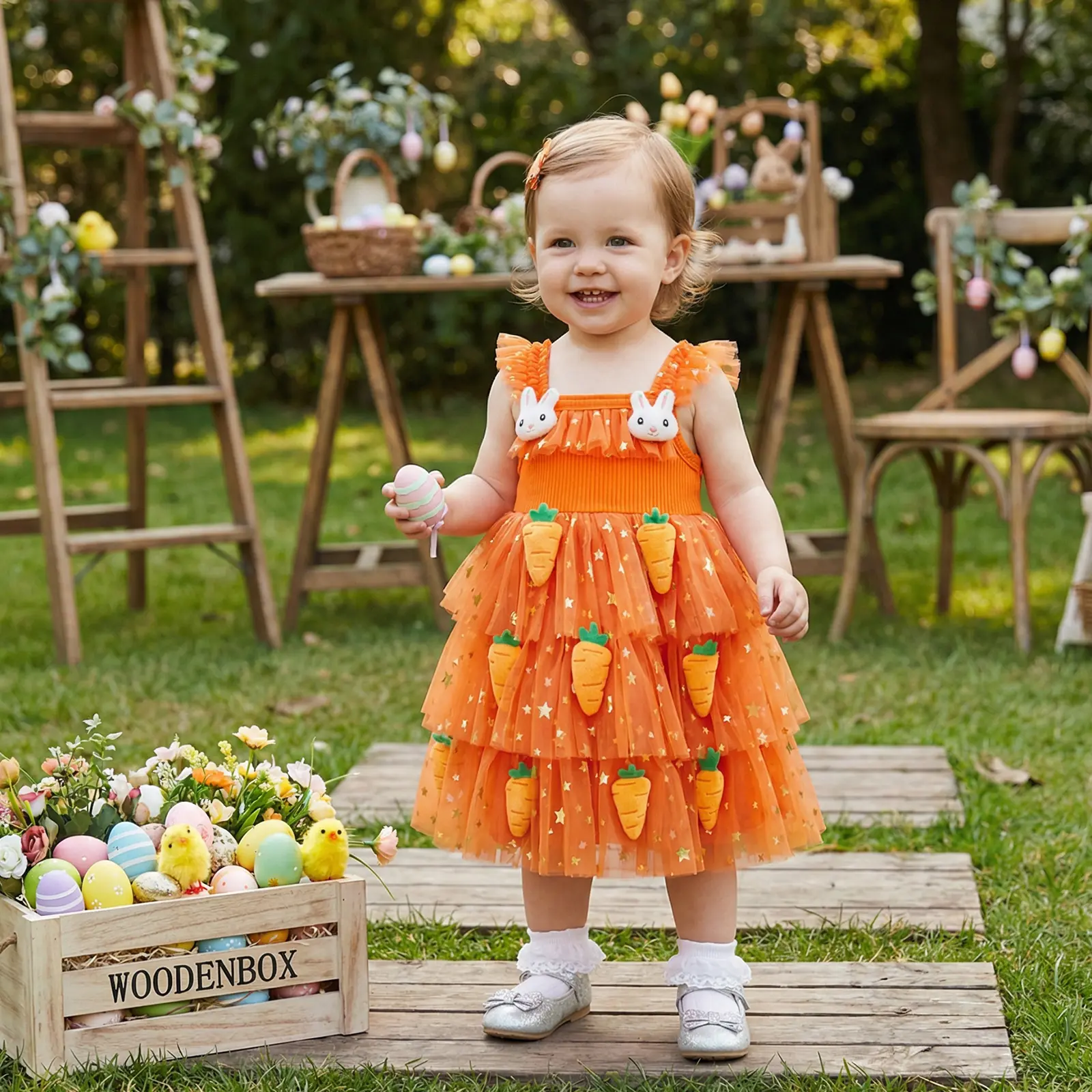 Toddler Girls Easter Tutu Dress Adorable Flying Sleeve Square Neck 3D Carrot Bunny Decorated Tulle Princess Dress