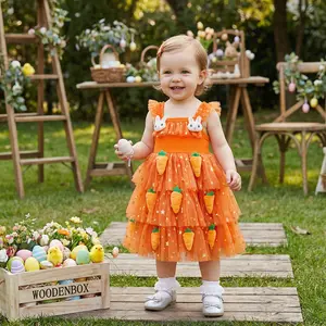 Toddler Girls Easter Tutu Dress Adorable Flying Sleeve Square Neck 3D Carrot Bunny Decorated Tulle Princess Dress