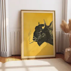 Bison Smoking a Cigarette Vintage Poster, Art Funny Buffalo, Retro Whimsical Print Cabin Wall Decor, Outdoor Sports Hunter Illustration