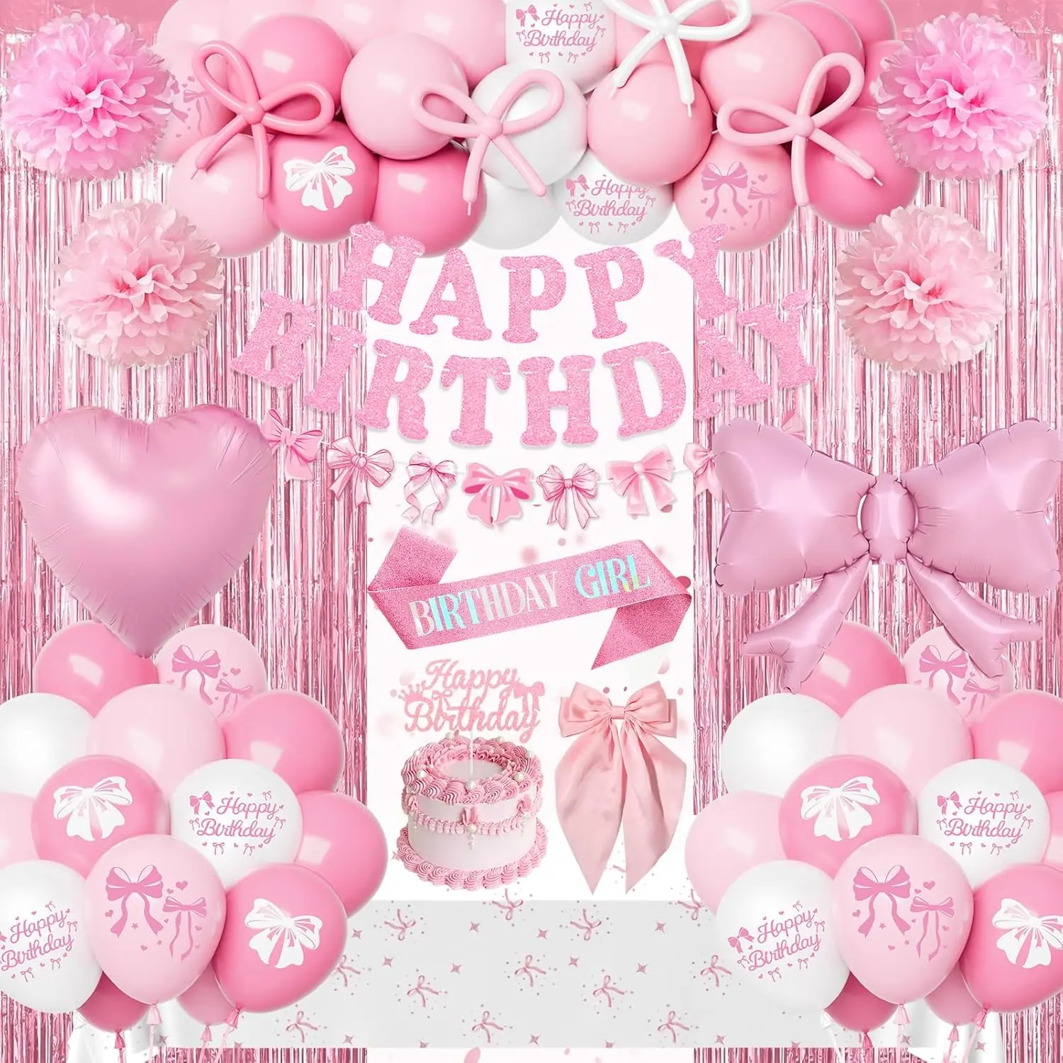 Bow Birthday Decorations,  Party Supplies with Balloons, Fringe Curtain, Birthday Sash,  Hair Bow, Tablecloth, Banner, Paper Pompoms, Cake Topper for Women Girls Bday Party Decor