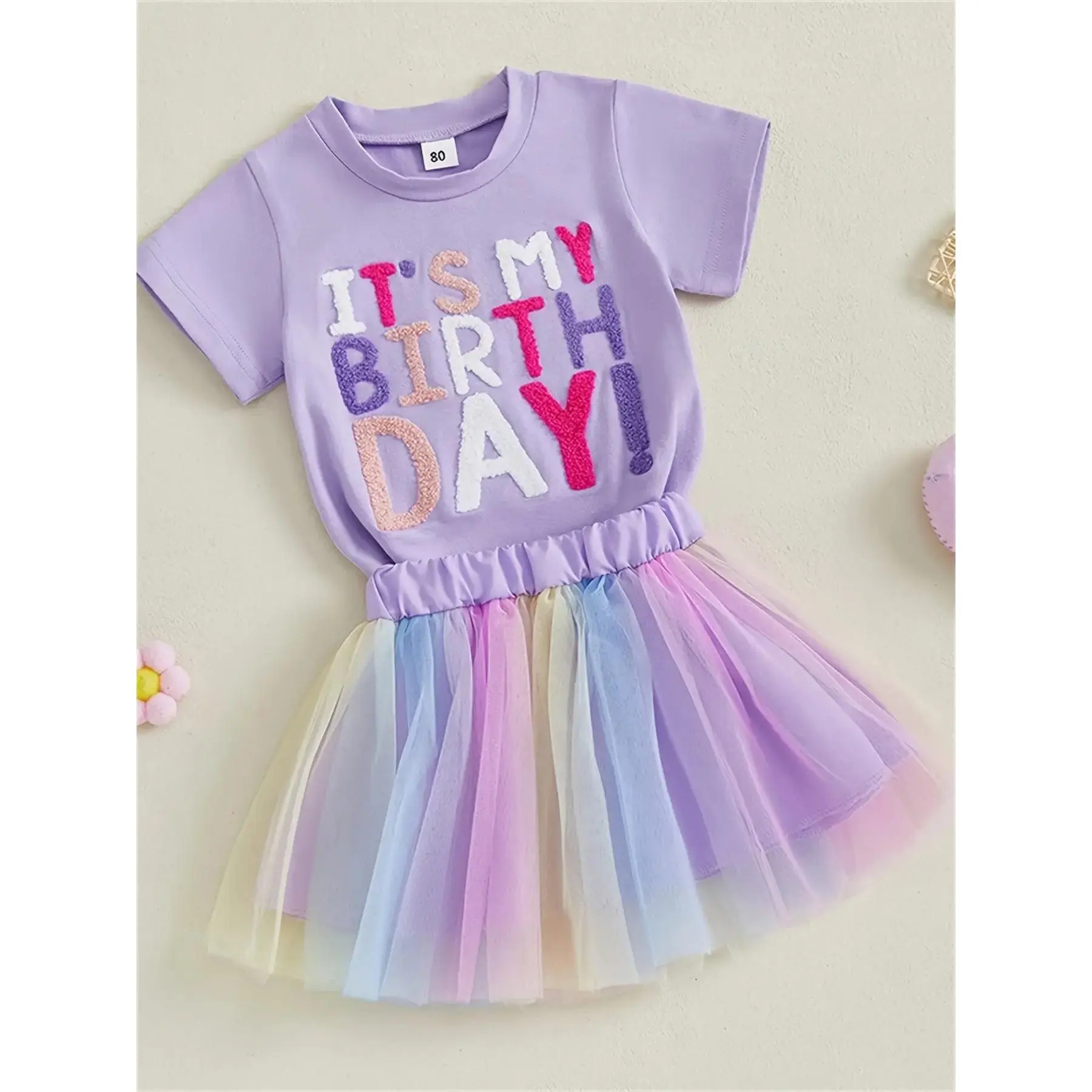 Toddler Girl 2Pcs Birthday Outfit Purple Chenille Letter "It's My Birthday" Short Sleeve Tee Rainbow Layered Tulle Tutu Skirt Party Photoshoot Summer Clothing Set