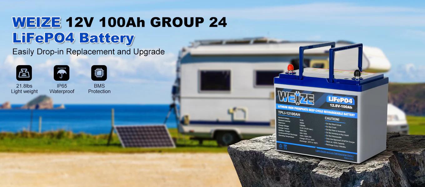WEIZE 12V 100Ah 1280Wh LiFePO4 Lithium Battery, Group 24 Deep Cycle Battery