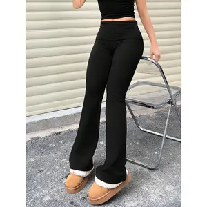 Women's Casual Solid Color Wide-Waist Flare Pants, Leggings Fold-Over Waist High Waist Ruched Slim Fit