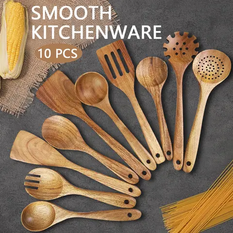 10-Piece Non-Toxic Food Grade Wooden Cooking Utensils Set - Durable Natural Wooden Spatulas & Turners with Handles, Safe for Non-Stick Pans, Kitchen Tools & Gadgets