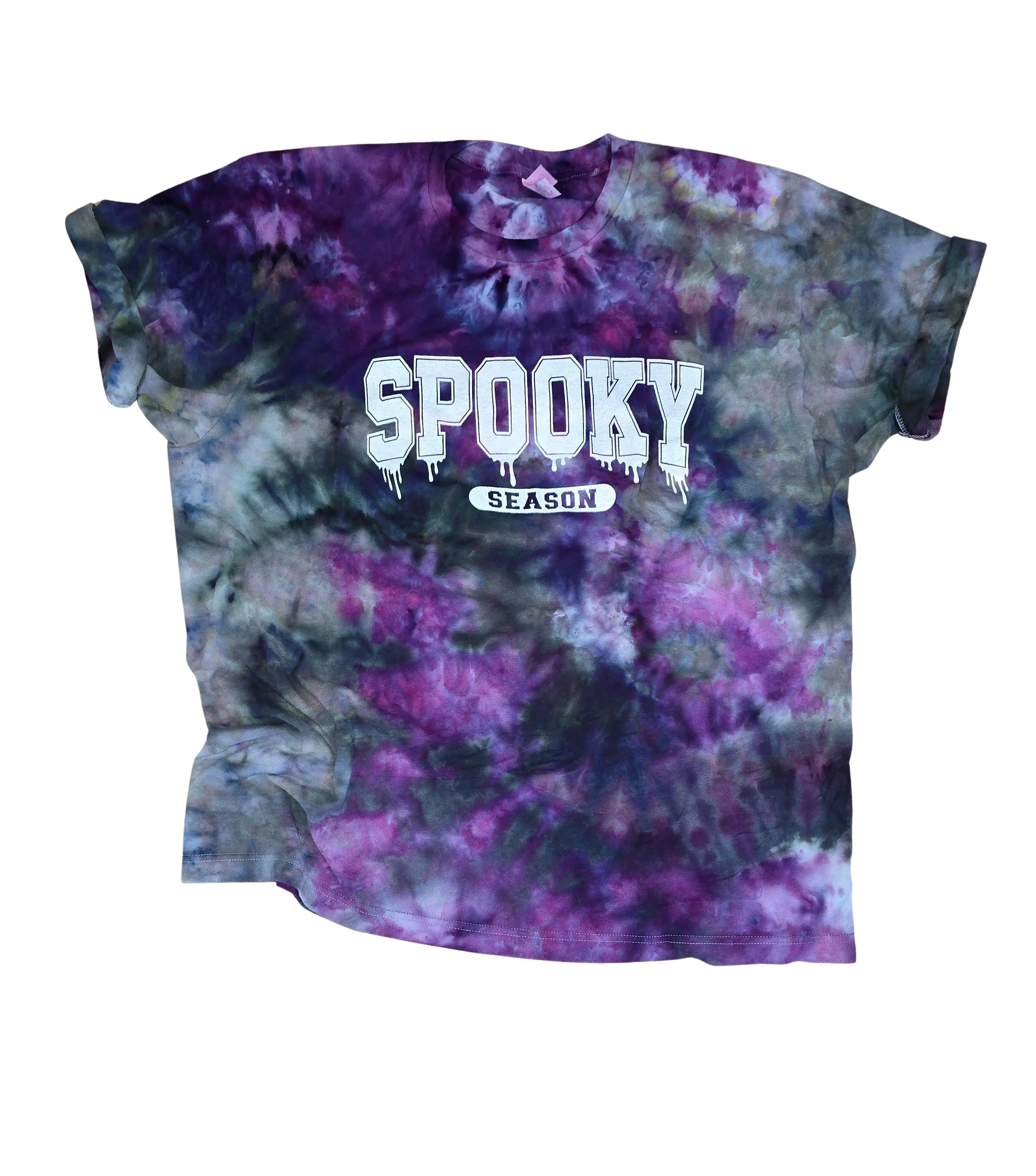 Spooky Season Screen Print Graphic Tee, Unisex Scrunch Tie-Dye T-Shirt, Soft Handmade Short Sleeve Crew Neck Streetwear Top for Halloween, Shortsleeve, Tie-Dye Pattern, Soft Premium Tultex, Hand Printed, Opals Apparel, Unique Look, Casual