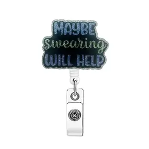 English Alphabet Pattern Retractable Badge Reel, Retractable Badge Holder, 1 Count Acrylic Name Badge Clip, Suitable for Nurses, Work, Volunteers, Office Staff