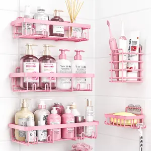 Blush Pink 5-Piece Self-Adhesive Stainless Steel Shower Organizer Set - No-Drilling Installation, Rust-Resistant Modern Steel Caddy, Home Bathroom Gadget for Shampoo & Body Wash, Apartment Accessory, Modern Shower Organiser