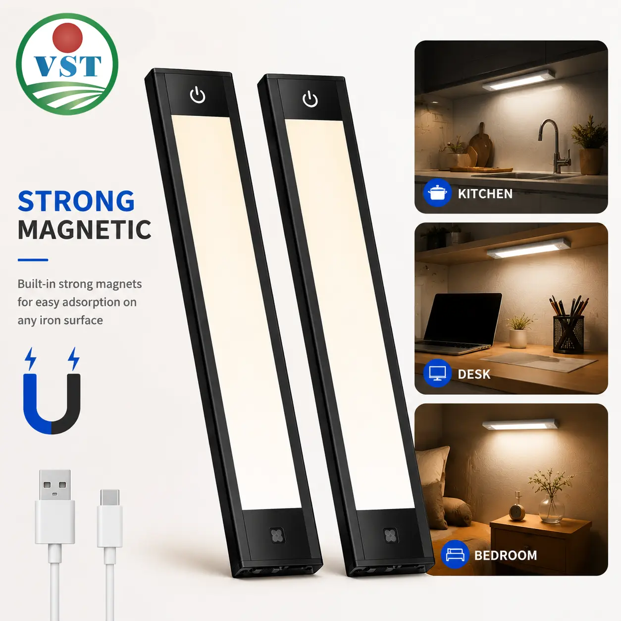 VST Smart Motion Sensor Cabinet Lights (9-in, 2-Pack) - USB-C Rechargeable, 1800mAh High-Capacity Magnetic Auto-Switch 1.7W Wall Lighting Fixtures, 0.66 lb Sensor Light Bars for Kitchens | Thanksgiving Black Friday Deal