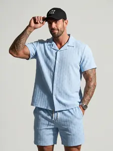 KZZ Men's Solid Textured Short Sleeve Button Front Shirt & Pocket Drawstring Waist Shorts Two-piece Set Classic Summer Outfits Clothes Set for Men - Menswear