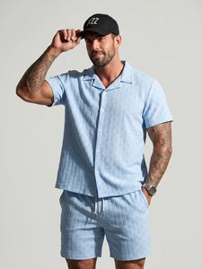 KZZ Men's Solid Textured Short Sleeve Button Front Shirt & Pocket Drawstring Waist Shorts Two-piece Set Classic Summer Outfits Clothes Set for Men - Menswear,father'sdaygifts