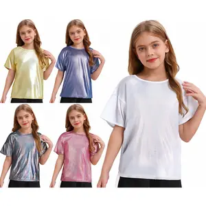 easyforever Kids Girls Boys Metallic Dance Tops Short Sleeve T-Shirt Jazz Hip Hop Party Disco Performance Costume Dancewear