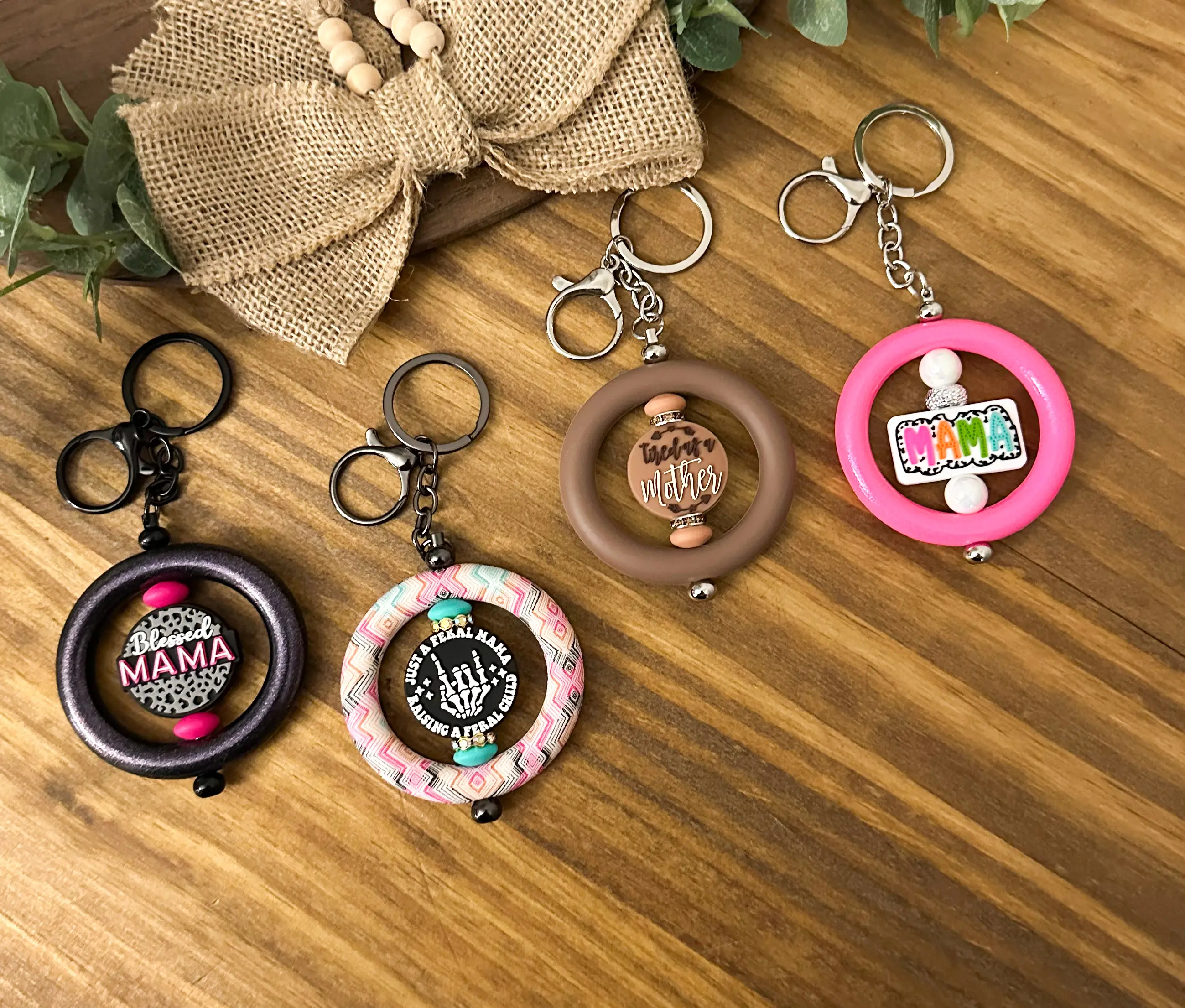 Mama Themed Beaded Keychain - Blessed Mama - Feral - Tired as a Mother - Mama