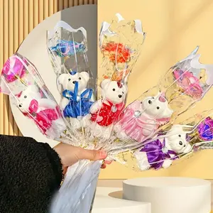 10 colorful gold leaf rose bouquets with cute bear designs - perfect for Valentine's Day, Mother's Day, birthdays, weddings and anniversaries Decor Decorative