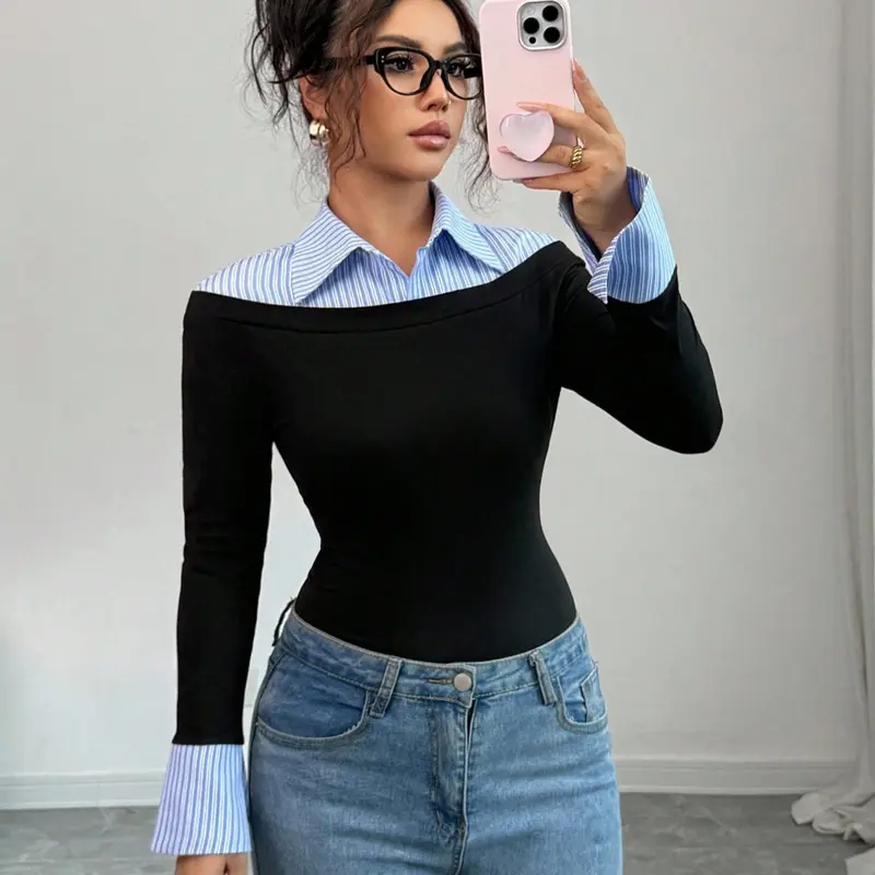 Women's Fashion Blue Striped Collar Split Design Knitted Pullover Tees Long Sleeve Top, Knitting, Womenswear, Elegant Commuter Style Casual Wear, Comfortable Fit, Fitted Knitwear, Knitwear For Fall
