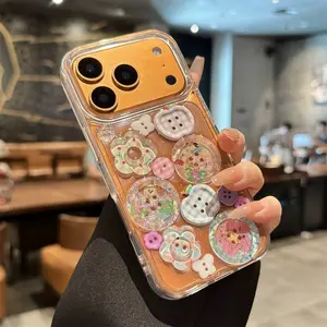 Cute 3D Button Decor Phone Case with Lens Protector, Glitter Clear TPU Cover for iPhone 12-17, Aesthetic Kawaii Girly Case