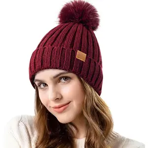 Womens Winter Knitted Beanie Hat Warm Fleece Lined with Pompom Cap Thick Slouchy Snow Knit Skull Ski Cap