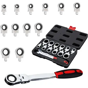 Flex Head Ratcheting Wrench set, 12 in 1 Exchangeable Ratchet Set, 8-19mm Metric & SAE Combination Wrench Set for Auto, Mechanic Flexible Wrench Kit, Auto Repair Tools for Men