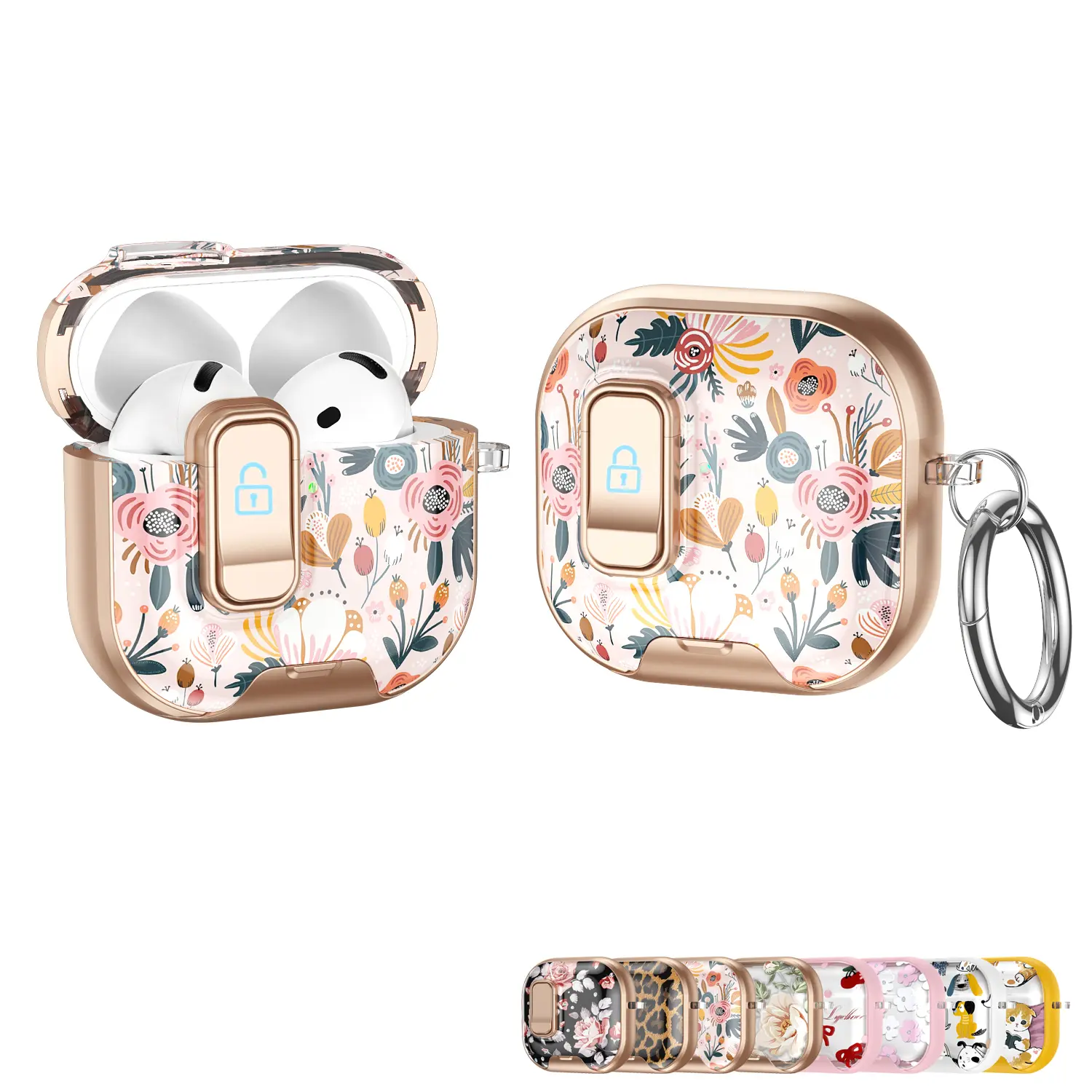 Cute Floral Leopard Pet Print AirPods 4/3 & Pro Pro 2, Case with Secure Lock Clip, Shockproof Girly Protective Cover with Keychain Ring for Apple AirPods All Generations