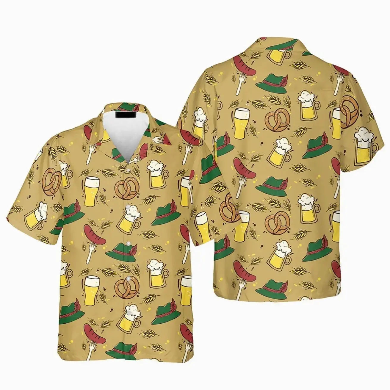 Brown Traditional Oktoberfest Beer And Pretzels Hawaiian Shirt - 100% Woven Polyester, Casual Polka Dot, Available in Sizes S to 5XL - Breathable 5