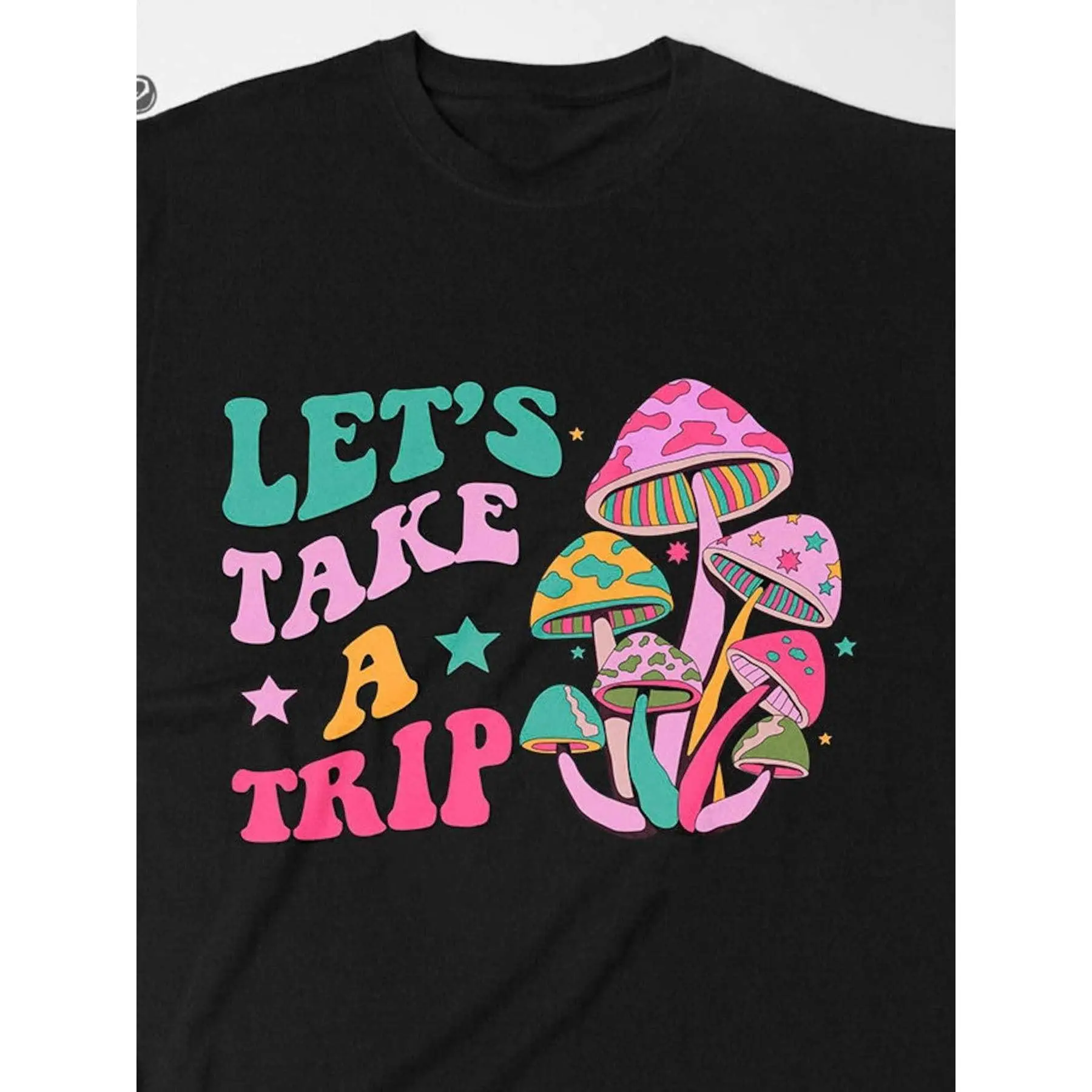 Mushroom Graphic Tee - "Let's Take a Trip" Groovy Hippie Design on Black Cotton Shirt, Colorful Print, Round Neck Casual Style, Unisex Gift for Men & Women Streetwear Crewneck