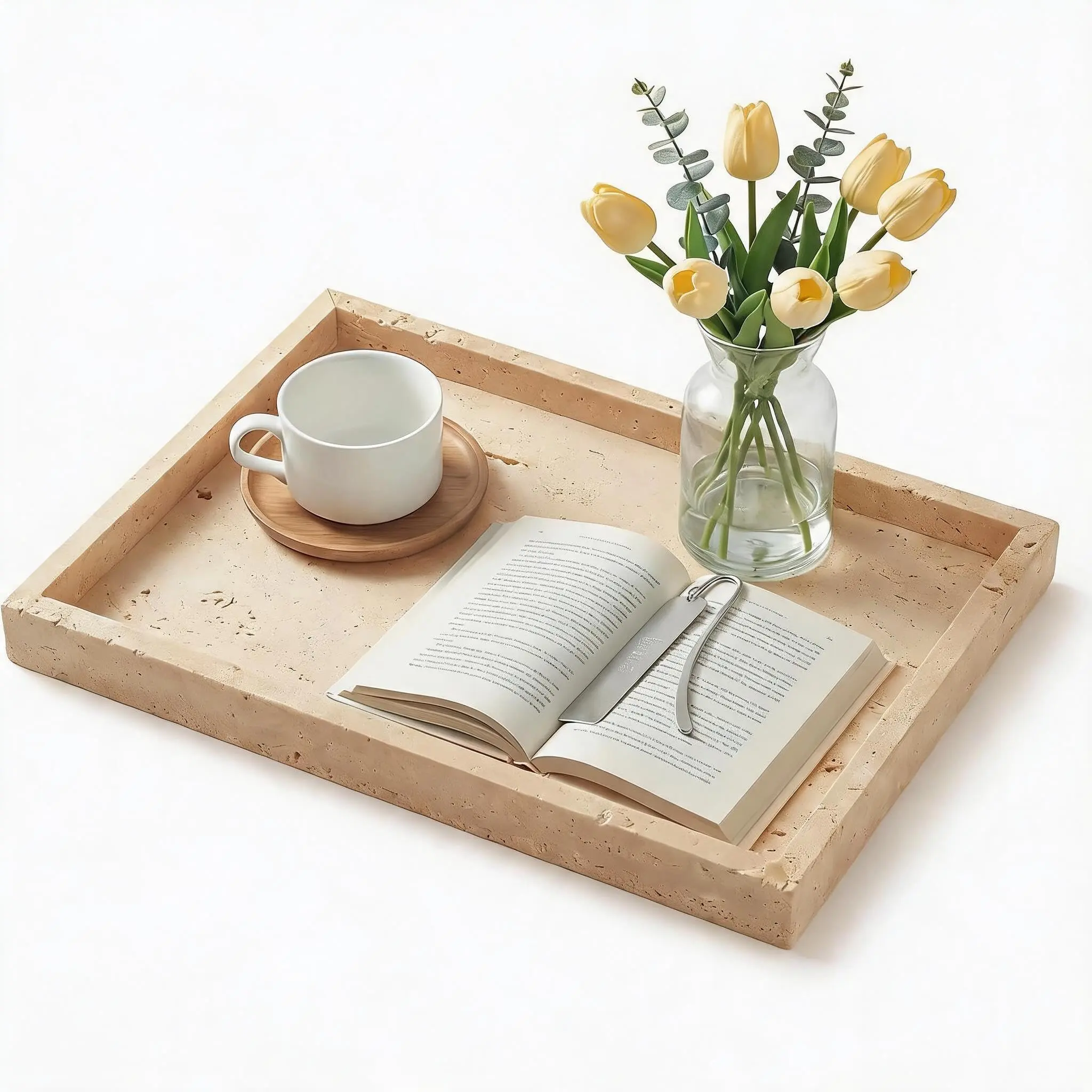 Natural Yellow Travertine Stone Jewelry Tray - Rectangular Minimalist Rustic Organizer for Bathroom Vanity, Soap, Toothbrush, Accessory - 30x20x3cm Decorative Storage Display Tray