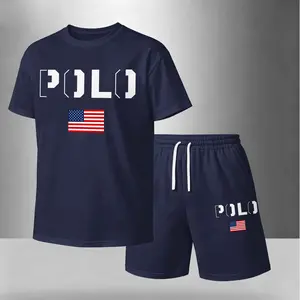 Men’s Summer 2 Piece Set, Flag Usa Letter Print Short Sleeve T Shirt and Drawstring Shorts Matching Outfit, Lightweight Breathable Casual Set for Travel, Streetwear, Beach, Vacation, and Daily Wear Pants Fabric Cotton