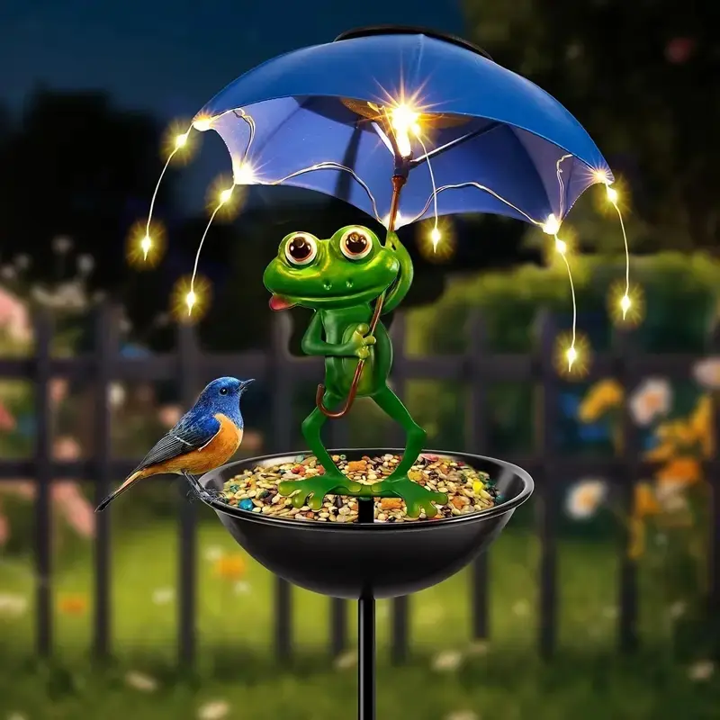 Solar Powered Frog Design Garden Decor, Creative Garden Decor with Umbrella & Bird Feeder, Outdoor Decorative Light for Garden, Lawn & Passage, Solar Illuminated, Solar Lights Outdoor, Garden Glow Light, Outside Lights, Garden Decorative Lighting
