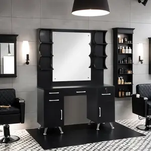 BarberPub Vanity Set with Mirror Makeup Table Spa Styling Station 3143 Modern Minimal Design with 6 Shelves 2 Cabinets & 5 Drawers Black/White