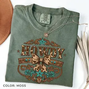 Comfort Colors Howdy Vintage T-shirt Cowgirl Western Tshirt Turquoise Bow Country Retro Rodeo Southern