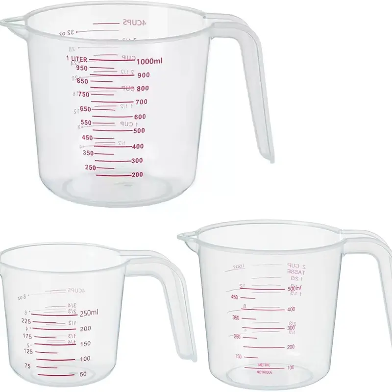 Kitchen Measuring Cup Set, 3-Piece 1–4 Cup Grip-Easy Handle Durable Utensils - Accurate Transparent Eco-Friendly Plastic, 250ml/1cup, 500ml/2cup, 1000ml/4cup-16oz, No Battery, Sturdy Refillable for Baking, Cooking