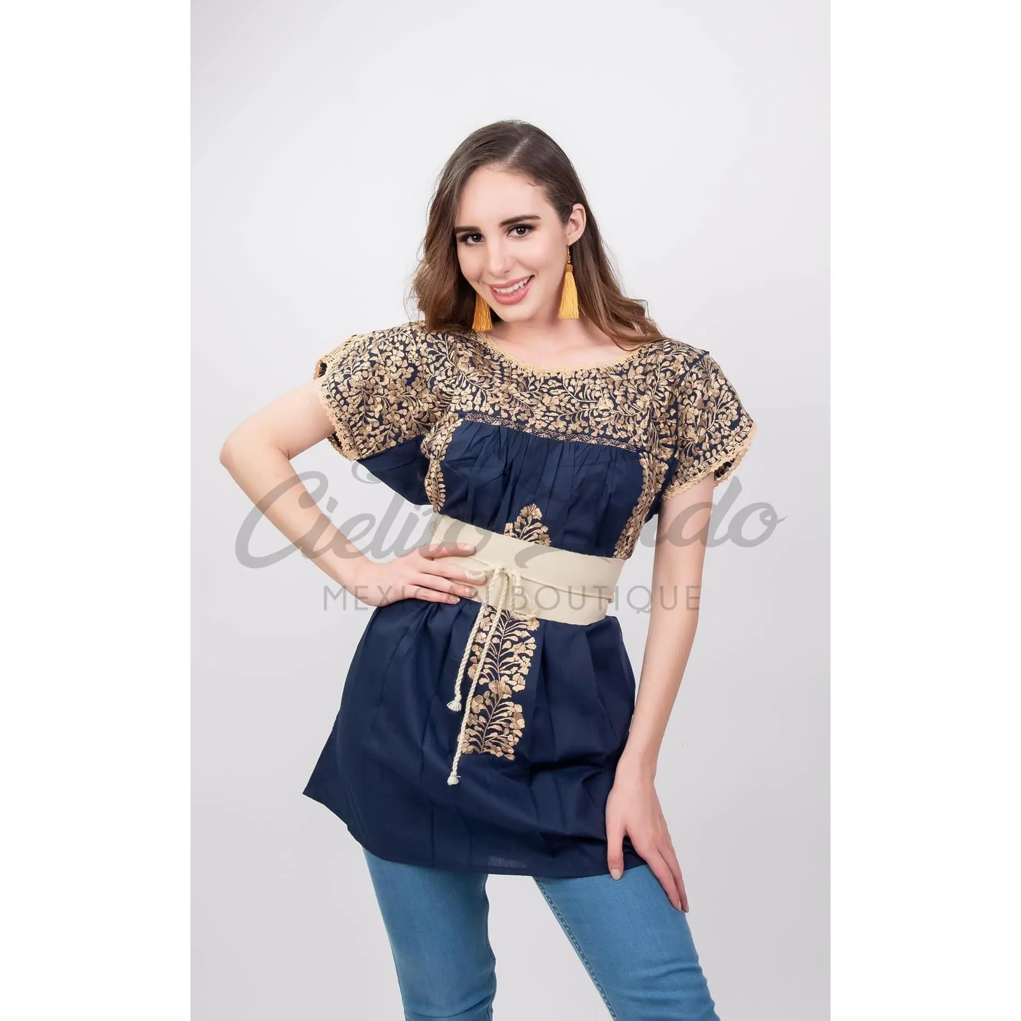 San Antonino Mexican Gala Blouse with Silk Embroidery Navy Gold