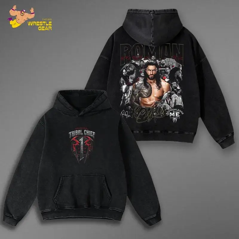 Roman Reigns Tribal Chief Inspired Washed Hoodie, Wrestling Streetwear Oversized Hoodie