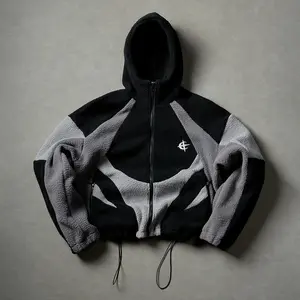 2-Pack Winter American High Street Color-Block Fleece Hooded Jacket for Men, Asymmetrical Patchwork Embroidered Lambskin Jacket, Drawstring Short Top