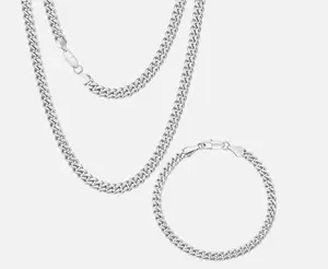 2 Pack Silver Curb Chain Necklace Set with Bracelet | Mens Cuban Link Chains