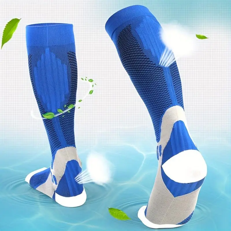Over-the-Calf Compression Stockings for Male Adults, Supportive Nylon Blend Hosiery for Athletic Use and Improved Circulation, Supportive Knit, Unisex Wear, Circulation Aid, Basketball/Running, 3-Pack, Geometric Pattern, Geometric Knit, Biking, Athletic P