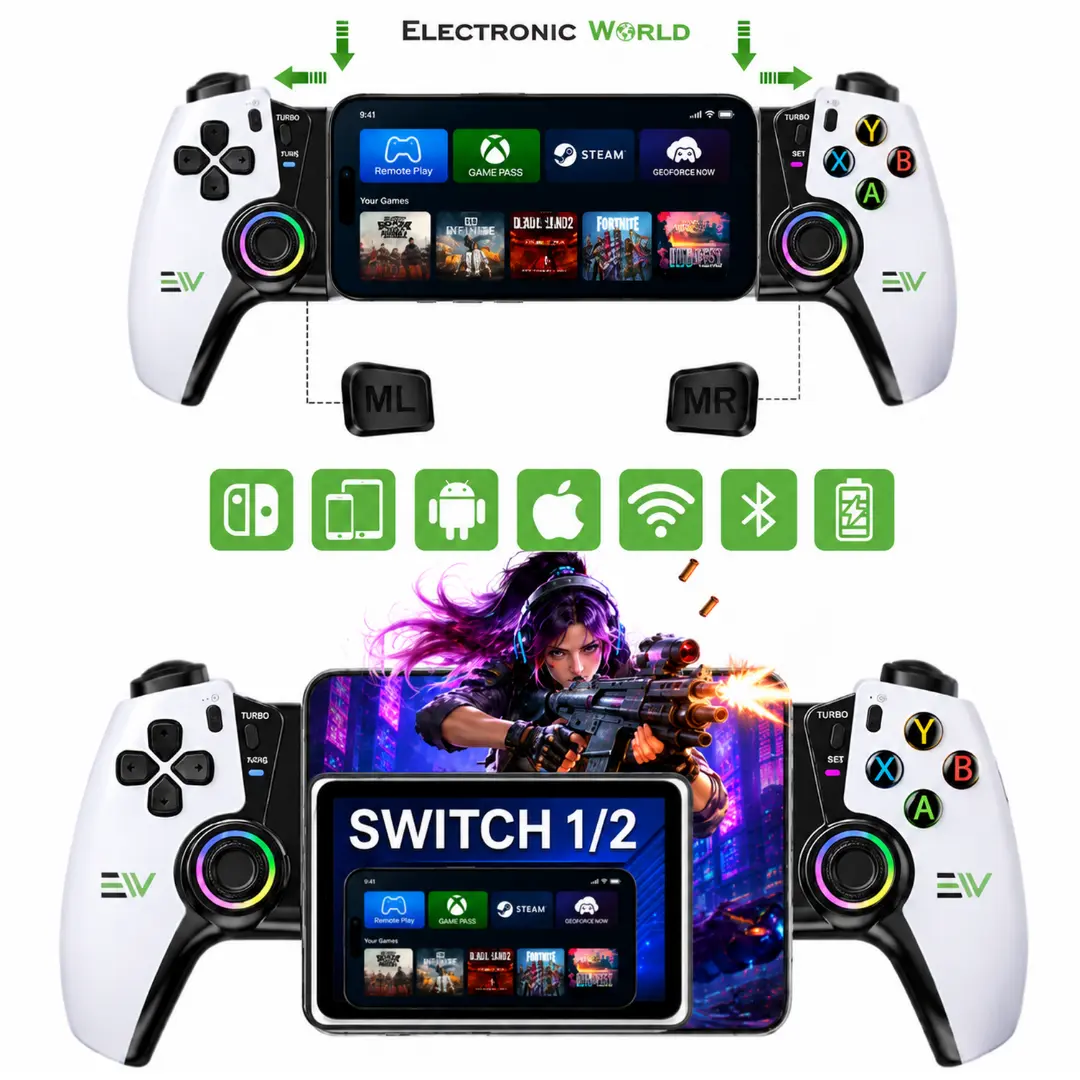 Mobile Gaming Controller for iPhone, iPad, Android Device, Console, PUBG, COD, Portable Rechargeable Wireless Bluetooth Gamepad, Hall-Effect Joystick,Turbo Mode,RGB Lights, 800mAh Battery, 8-12H Playtime, Adjustable Grip,