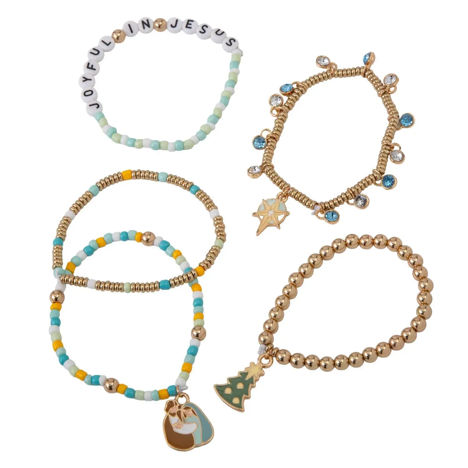 Religious Christmas Nativity DIY Stacked Bracelets Craft Kit with Beads/Cords, 1" Diam, Makes 5 Sets
